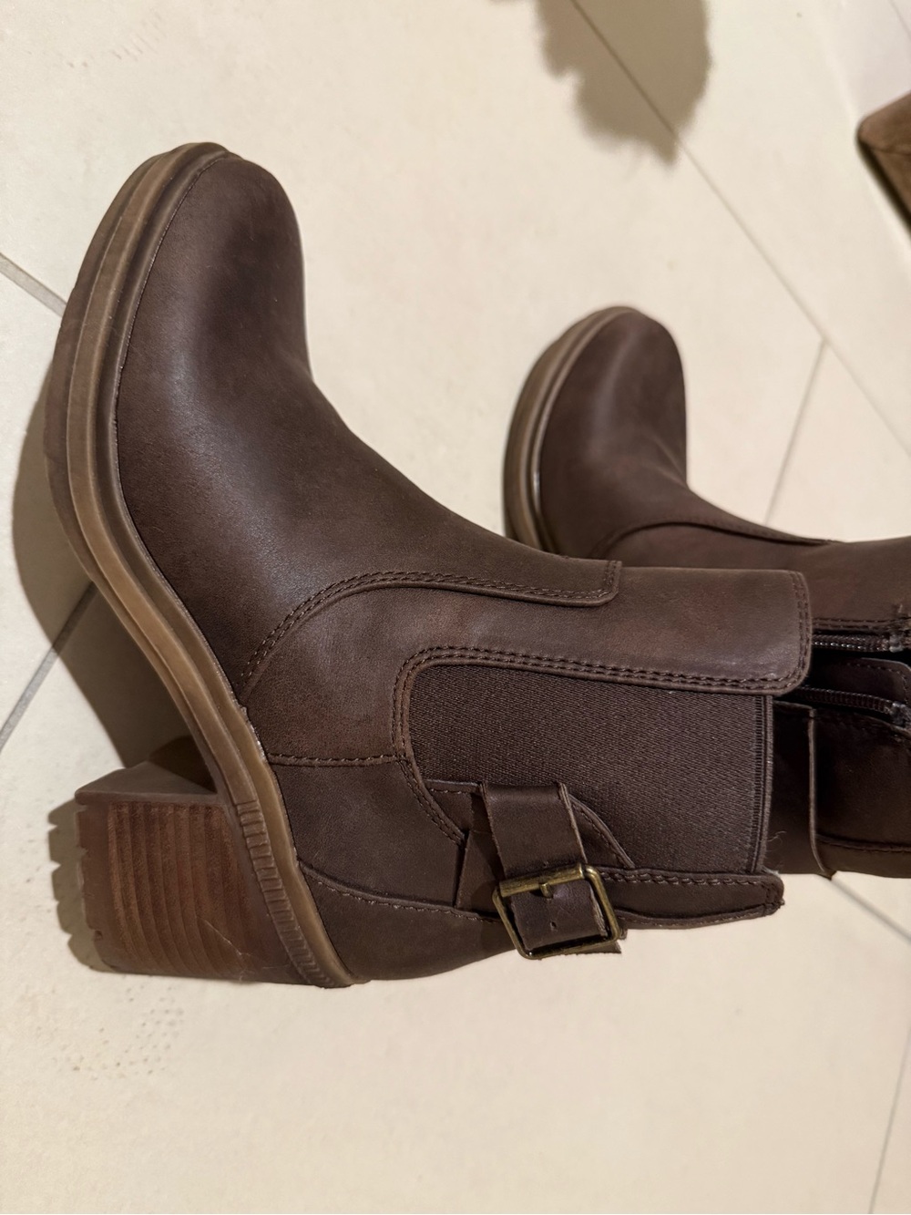 Women's Brown Heeled Chelsea Boot with Buckle Detail